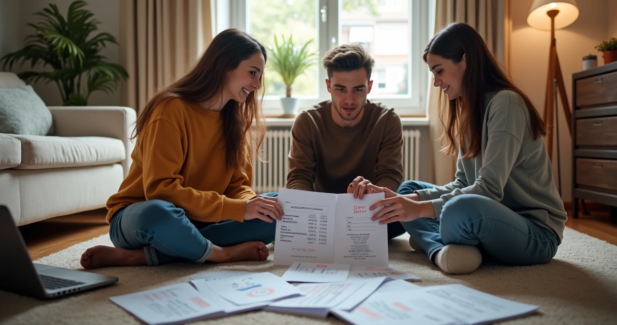 Jovens sentados no chão planejando gastos e economias para o aluguel. 