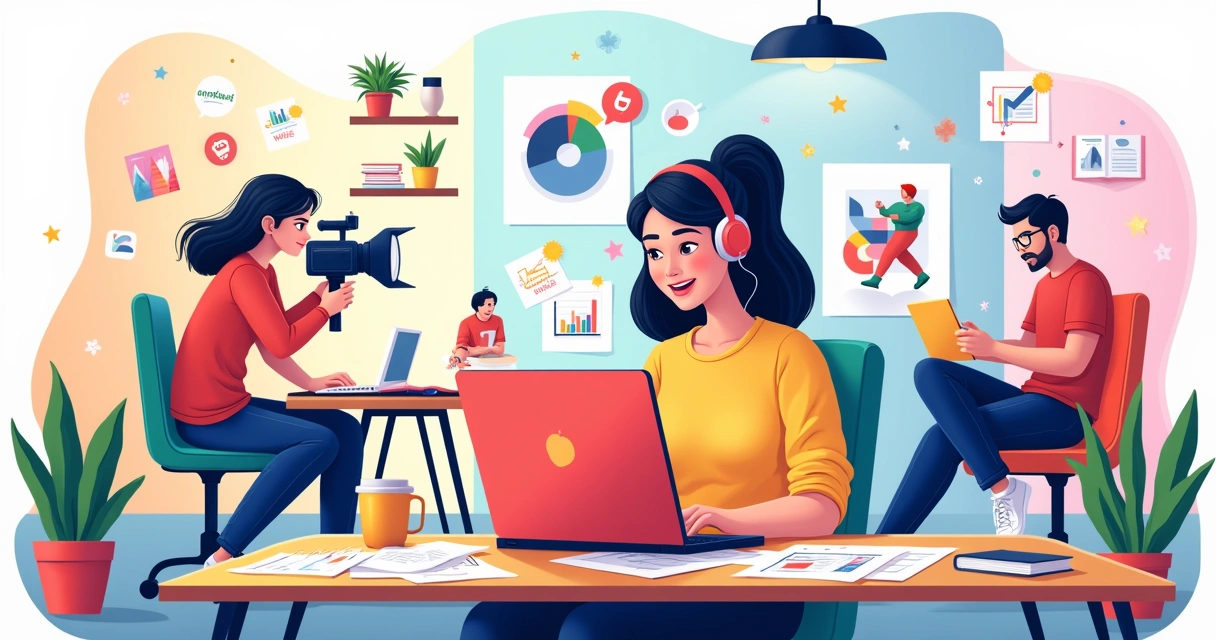 Ilustração vibrante da economia do gig com freelancers em ação, incluindo design, criação de conteúdo, assistência virtual e tradução.