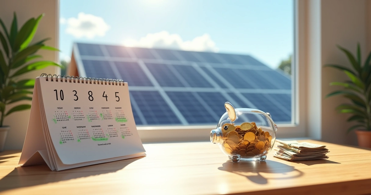 Calendário de 15 anos lado a lado com cofre cheio de moedas douradas e painéis solares ao fundo 