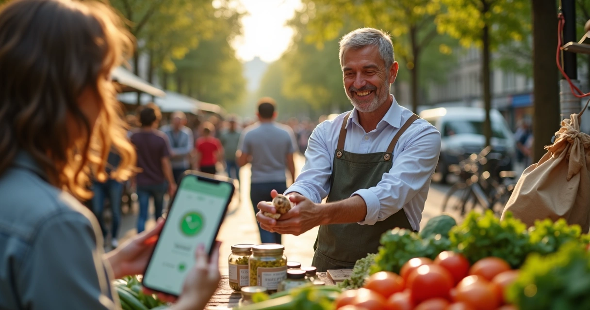 Pessoa usando celular para pagamento digital em mercado local sustentável 