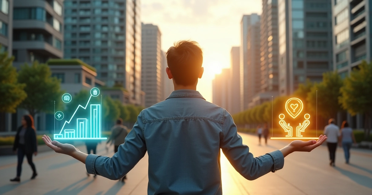 Pessoa ponderando entre dinheiro e impacto humano em ambiente urbano sustentável 