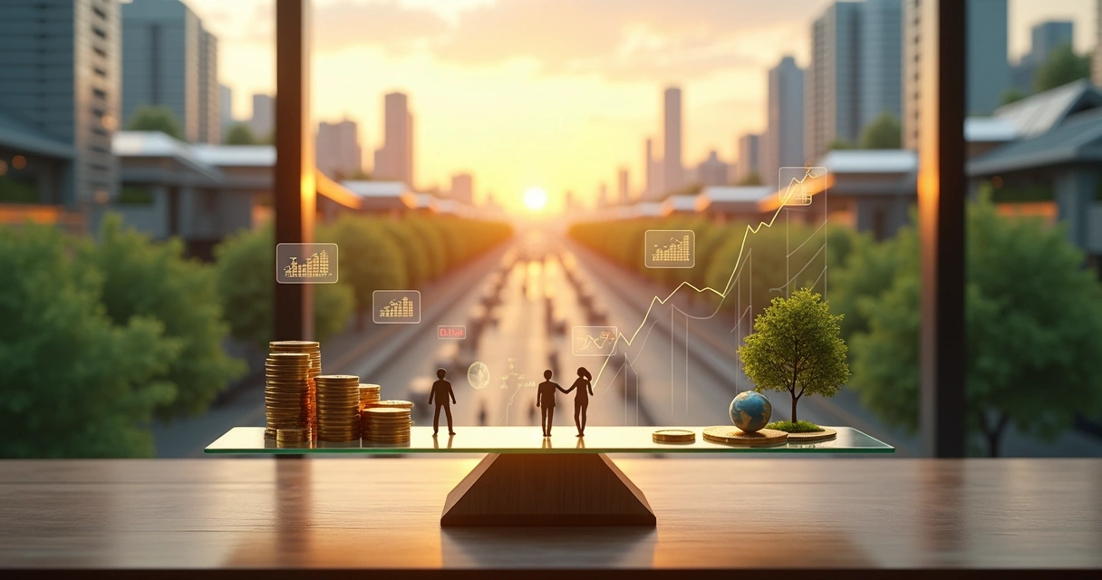 Conceito de economia ética com cidade futurista equilibrando lucro e impacto humano 