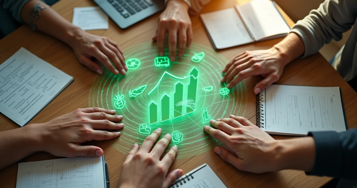 Manos de diferentes personas unidas sobre mesa con iconos de sostenibilidad y finanzas éticas 