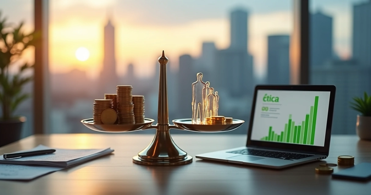 Balanza con dinero y personas simbolizando la economía ética 