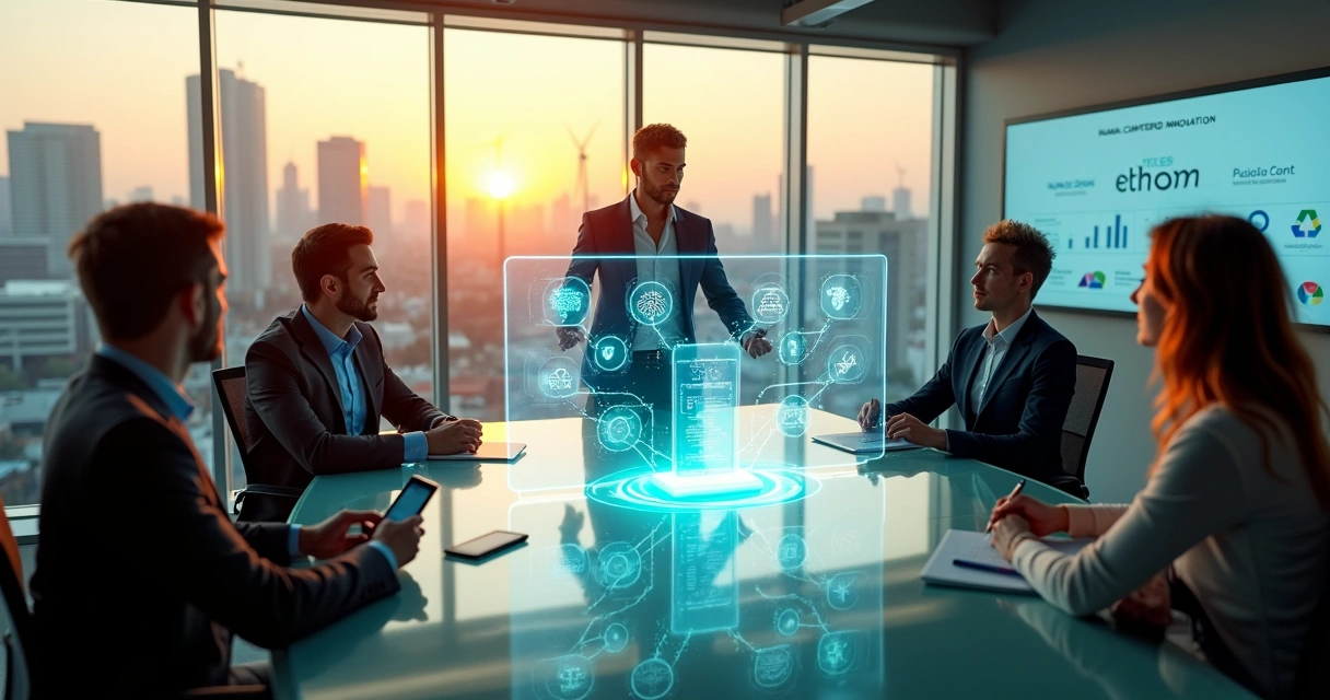 Directivos y tecnólogos colaborando frente a una interfaz digital con íconos de ética y sostenibilidad 