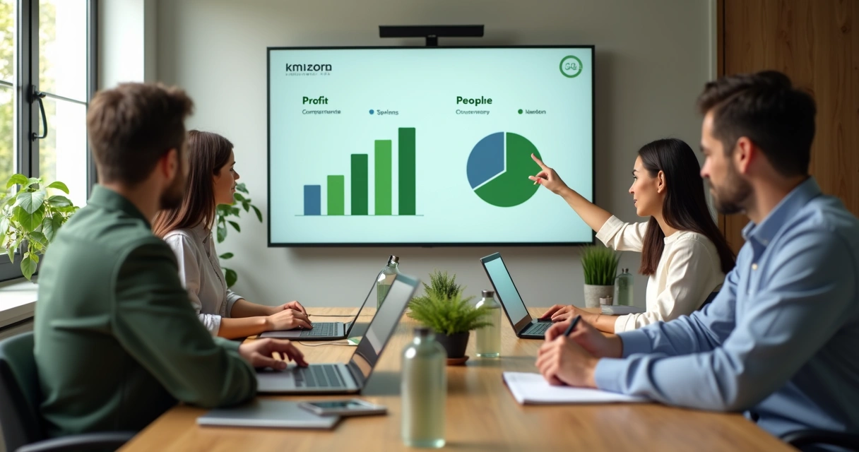 Reunião em pequena empresa com gráfico de sustentabilidade e lucro equilibrado em tela 