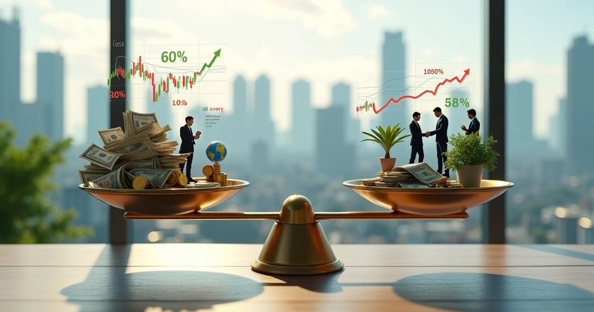 Balança comparando capitalismo tradicional e economia ética em ambiente corporativo moderno 