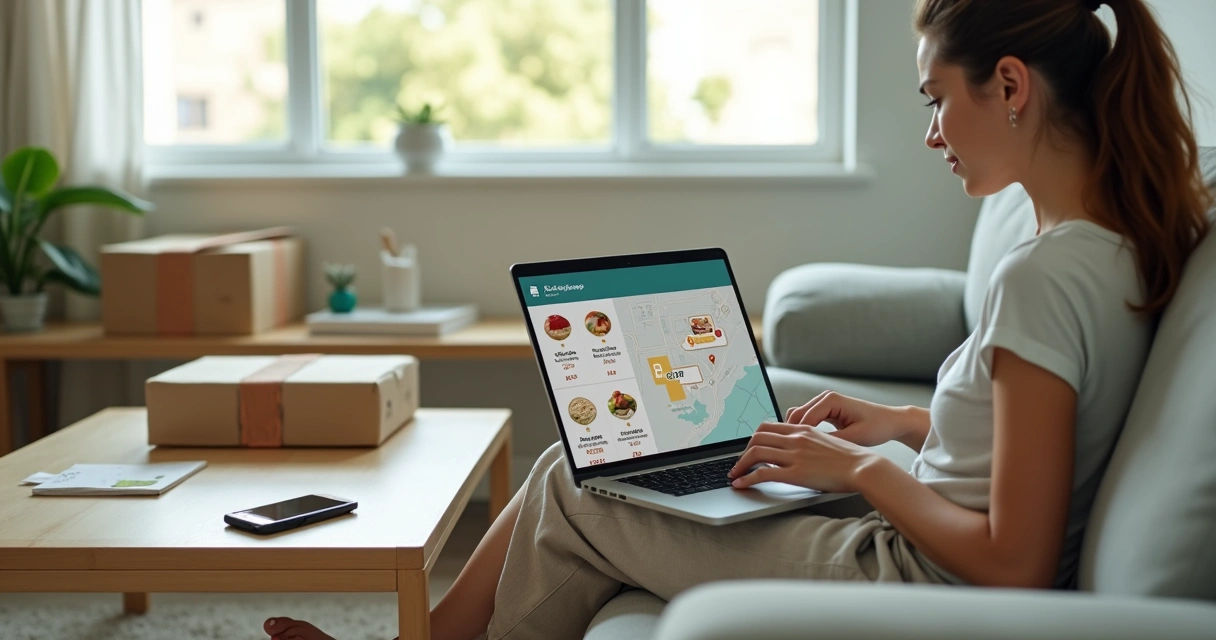Mulher calcula frete de mercado online no sofá com notebook e caixas de entrega ao lado 