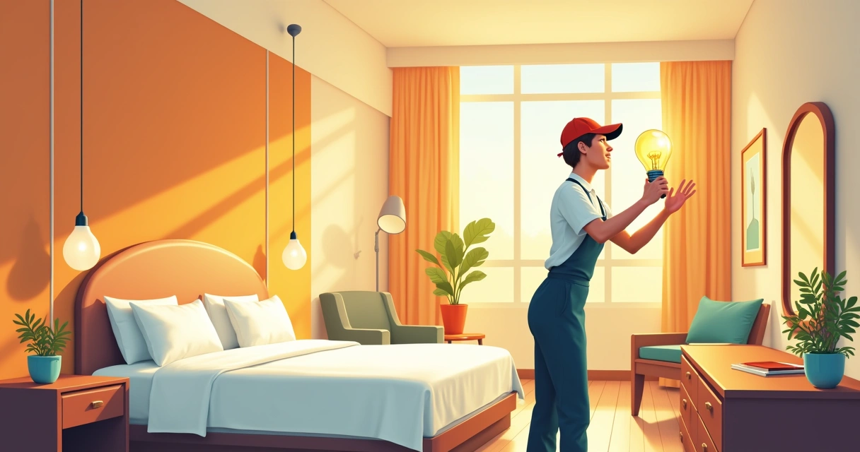 Funcionário instalando lâmpadas LED em quarto de hotel 