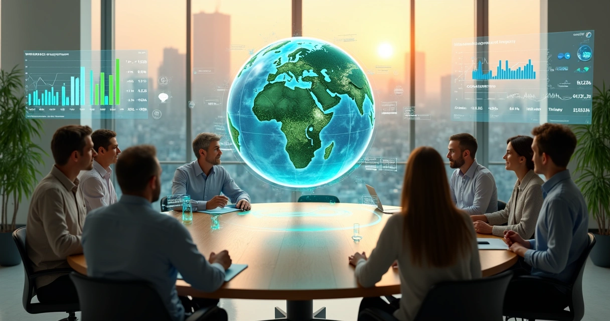 Personas diversas colaborando alrededor de un globo terráqueo con gráficos económicos humanizados 