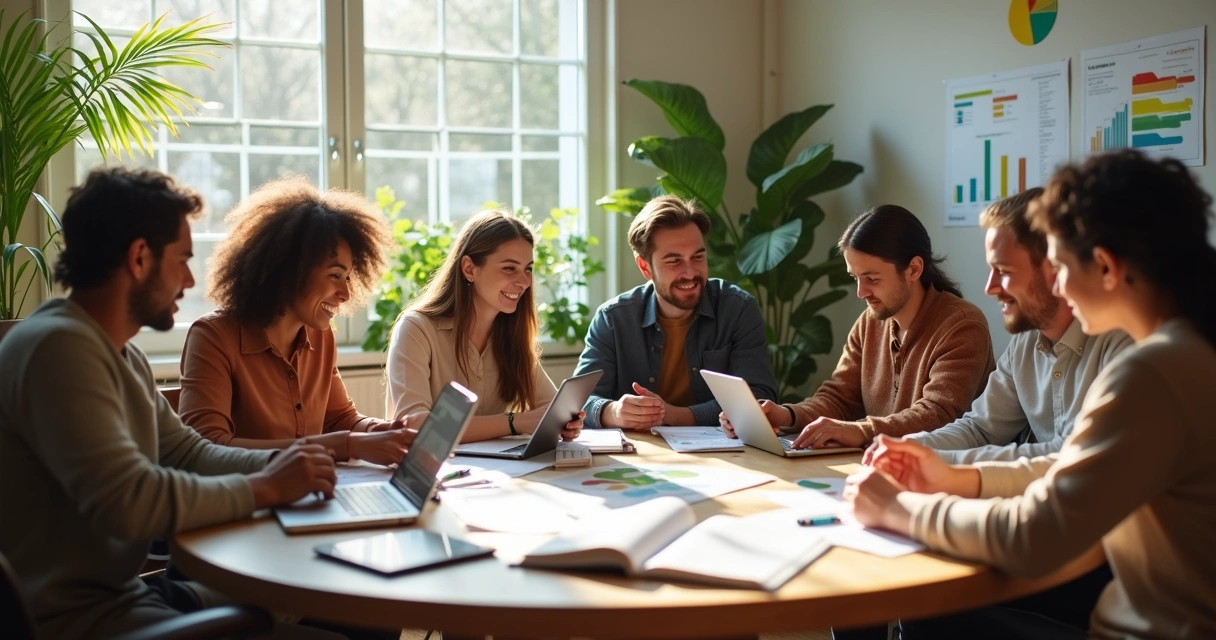 Personas de distintas edades compartiendo en espacio comunitario con gráficas y libros