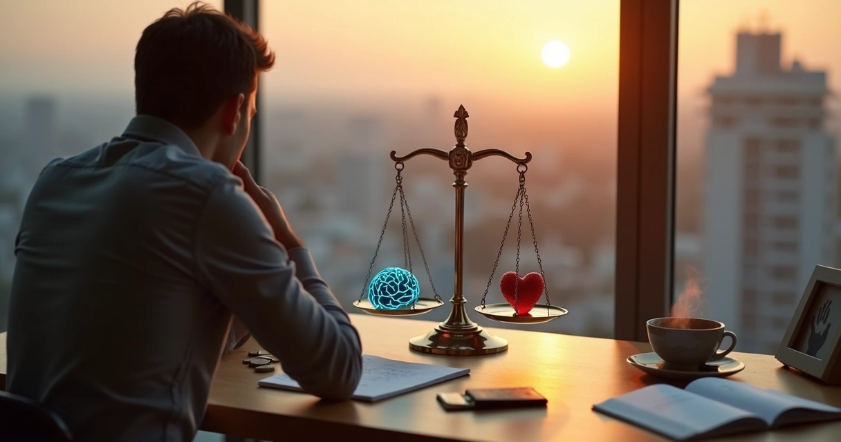 Persona reflexionando frente a balanza que combina cerebro y corazón con ciudad de fondo 