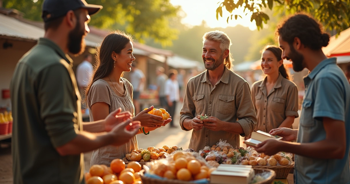 Escena de comunidad intercambiando bienes y servicios con expresión de respeto y cooperación