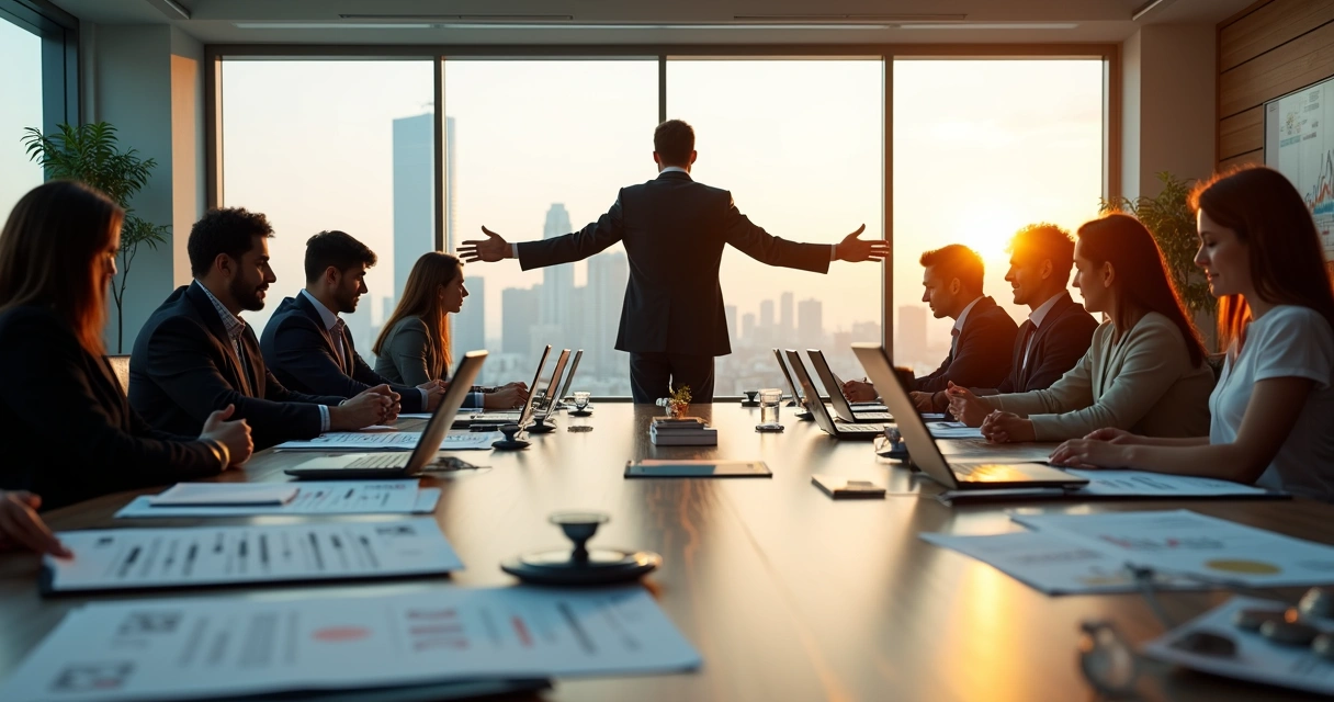 Executivos em mesa dividida entre dinheiro e impacto humano 