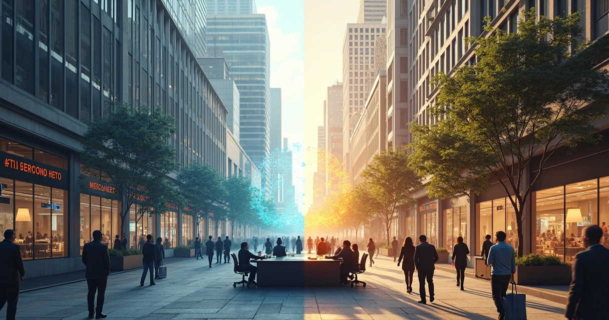 Comparación visual entre economía humana y economía tradicional en una ciudad moderna 