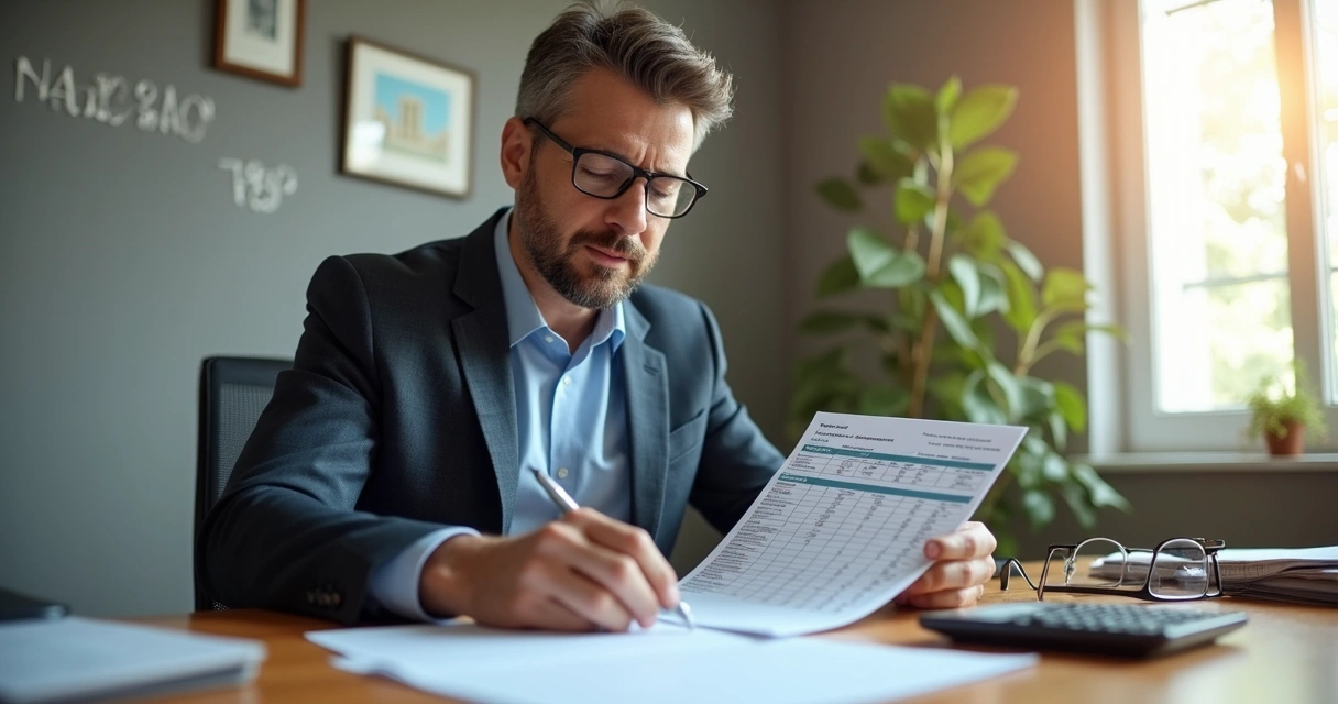 Homem analisando planilha de impostos em mesa de escritório 