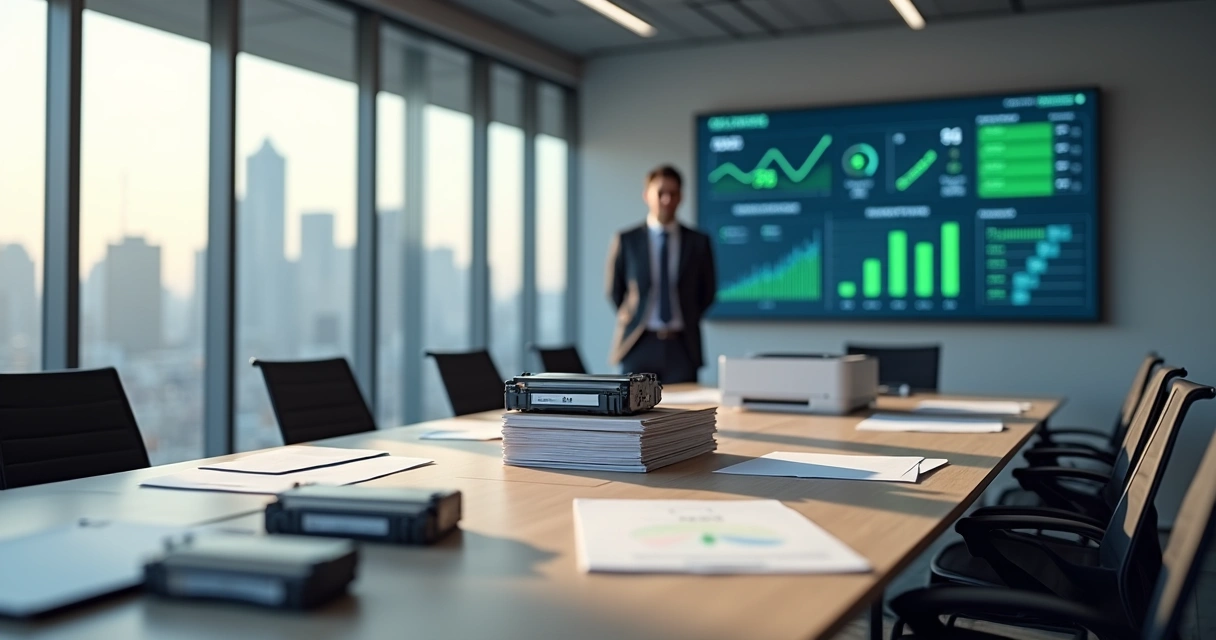 Gestor em escritório observando painel de controle de custos de impressão na parede 