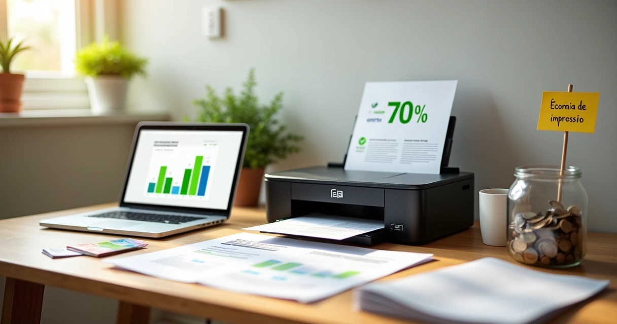Mesa de home office com impressora e documentos mostrando economia na impressão 