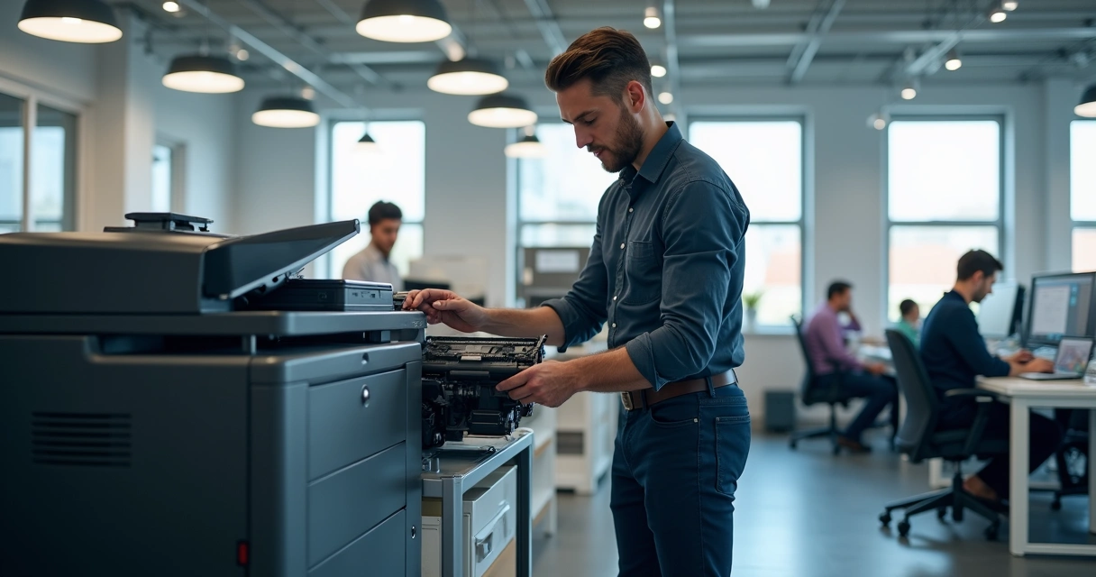 Técnico trocando toner de impressora empresarial