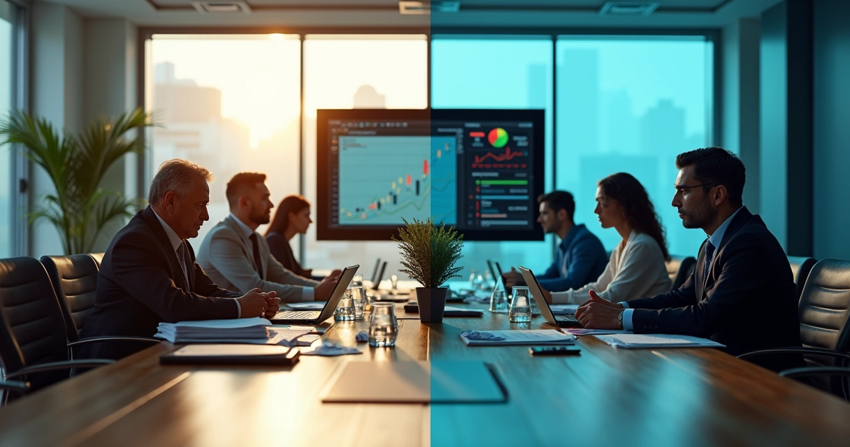 Equipo directivo en oficina moderna dividido entre claridad y caos financiero 