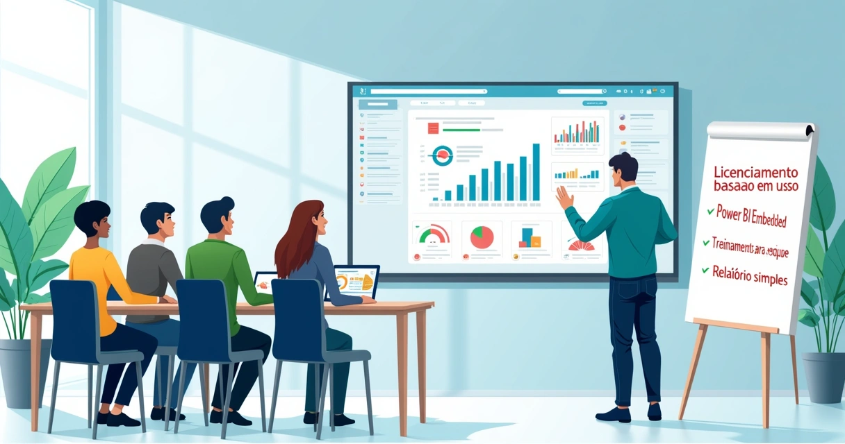 Ambiente de escritório moderno com profissionais analisando um dashboard do Power BI e estratégias de economia.