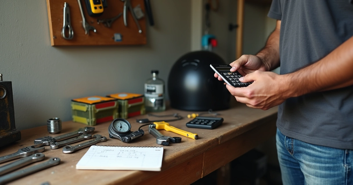 Trabalhador organizando ferramentas e calculadora em bancada simples 