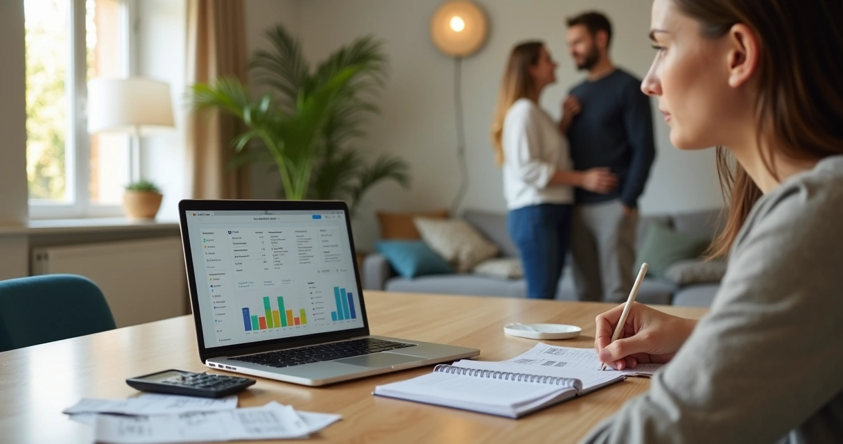 Persona reflexionando frente a un gráfico financiero y una pareja conversando al fondo 