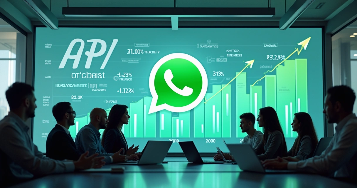 Representação digital de economia com tecnologia WhatsApp API oficial, gráfica de crescimento e painel de gestão de mensagens 