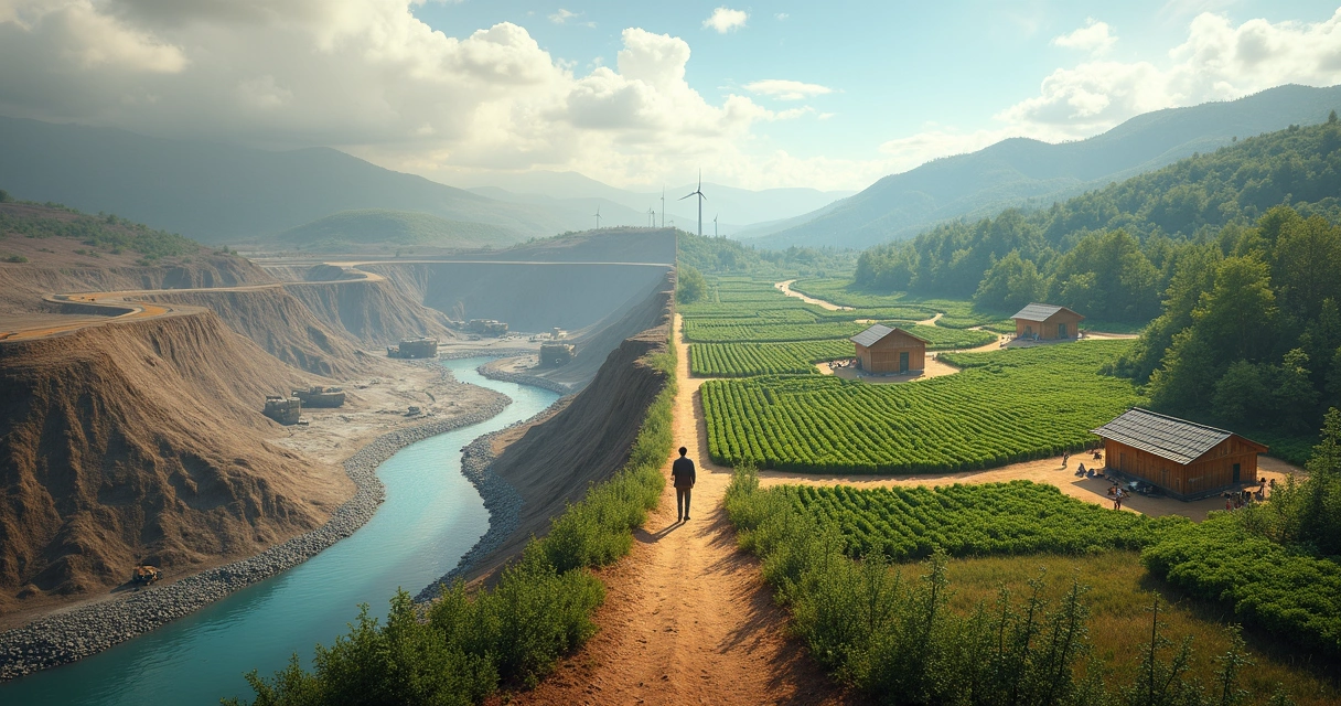 Paisaje dividido entre explotación industrial y naturaleza regenerada 