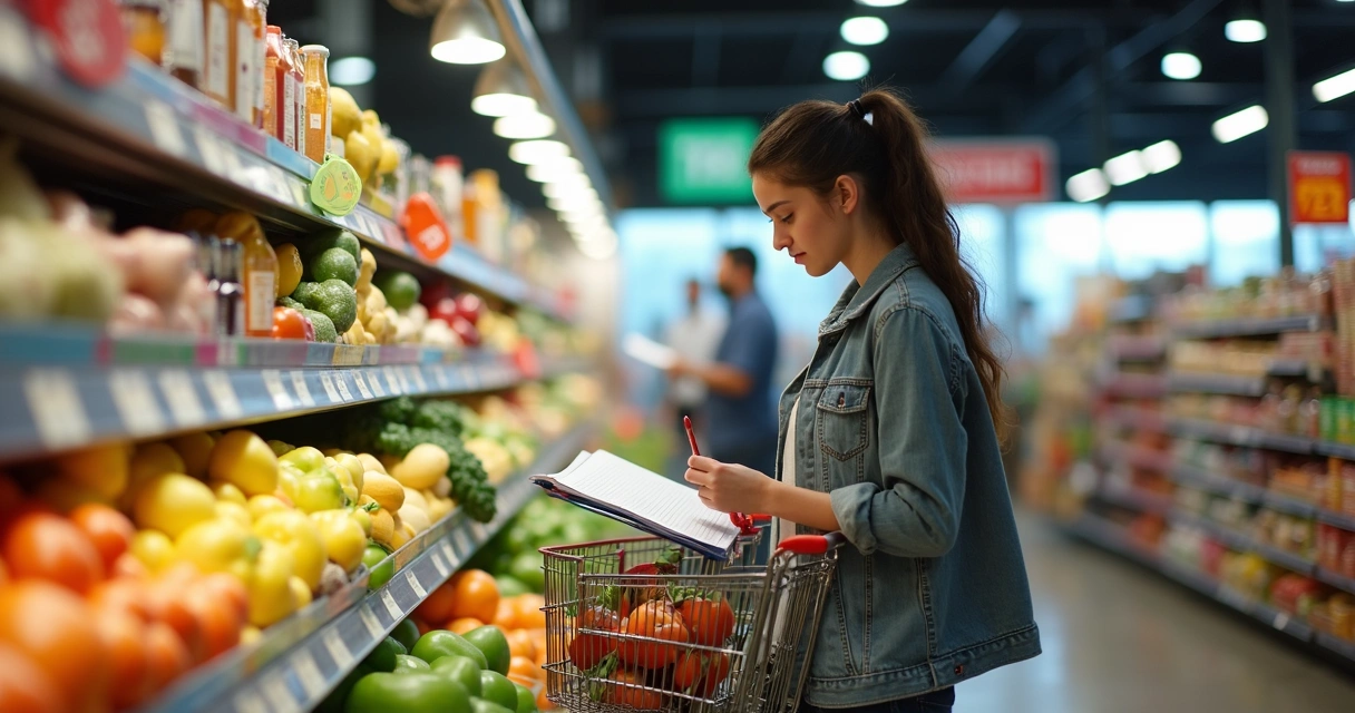 Pessoa conferindo lista de compras no supermercado com saco de legumes na mão 