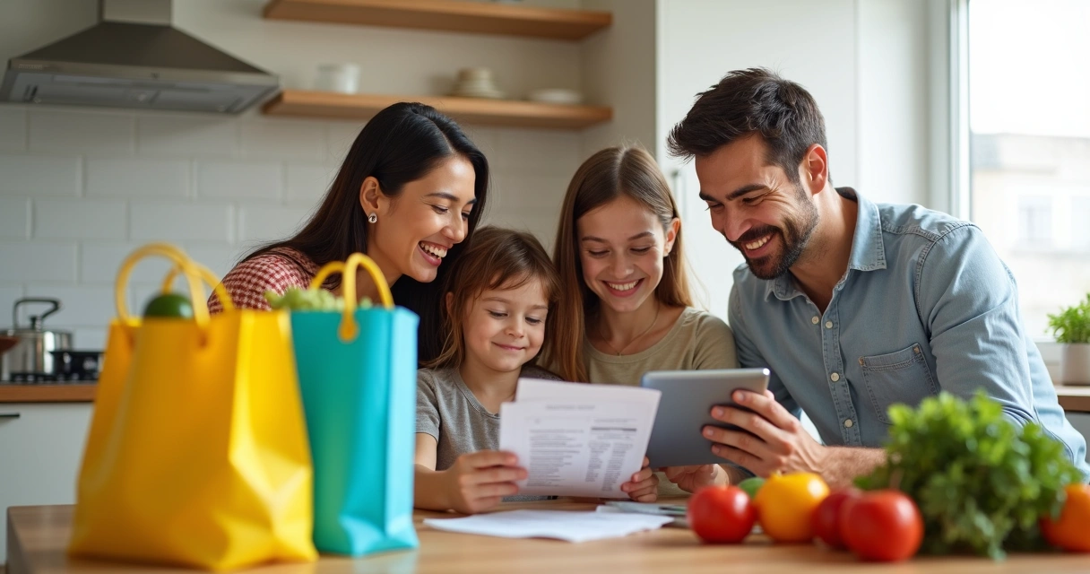 Família feliz depois de comprar no supermercado 