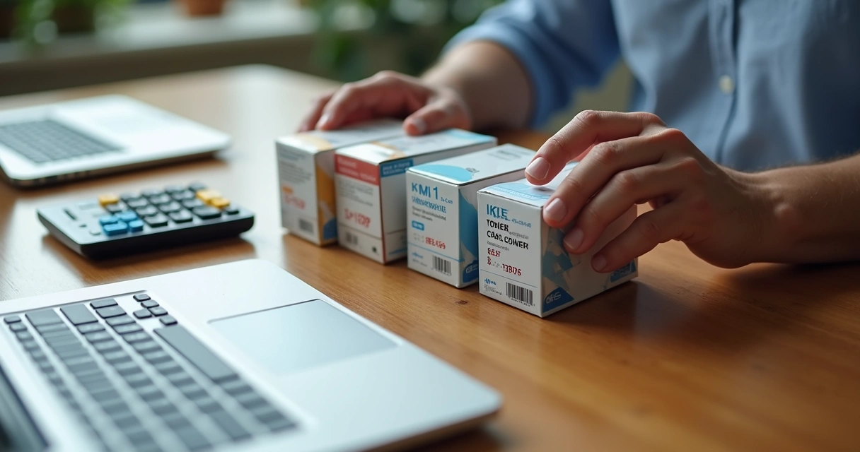Pessoa comparando embalagens de toners diversos sobre uma mesa 