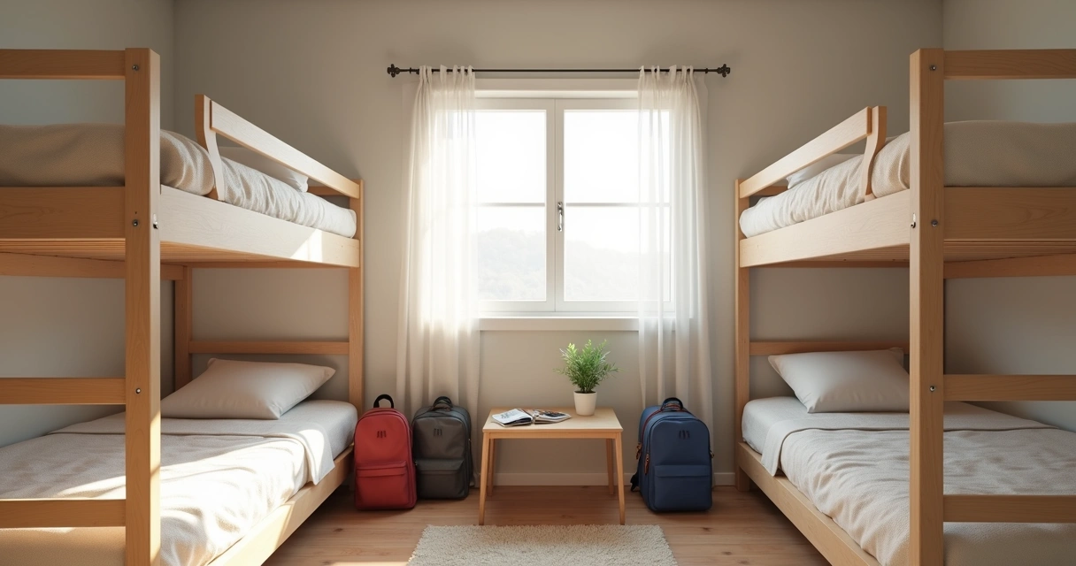 Quarto de hostel simples com beliches e mochilas ao lado da janela