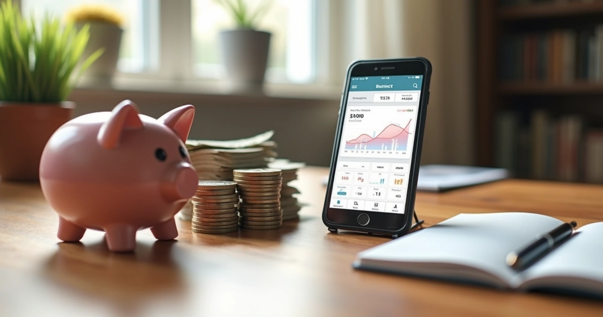 Mesa com cofrinho, cadernos de anotações, celular exibindo aplicativo financeiro e moedas organizadas 