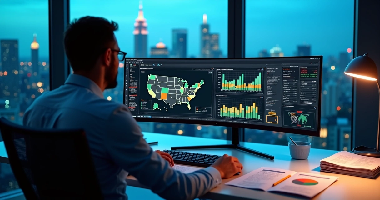 Data analyst studying social and economic charts on large screens in modern office