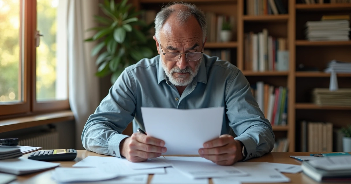 Man reviewing bills in a home office, looking thoughtful