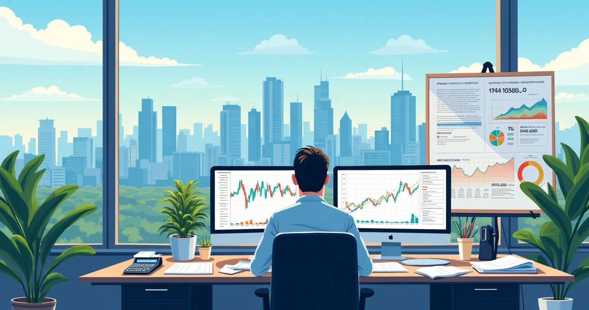 Economist in a Brazilian office analyzing economic graphs, with city skyline in the background.