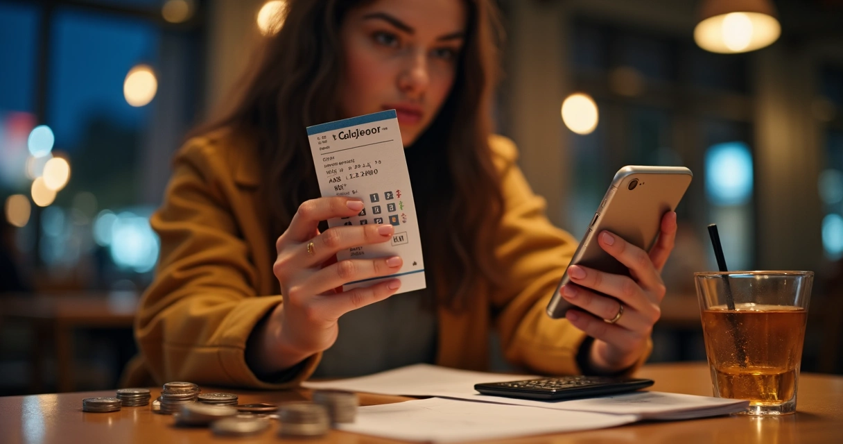 Pessoa olhando para ingresso de show e calculando despesas 