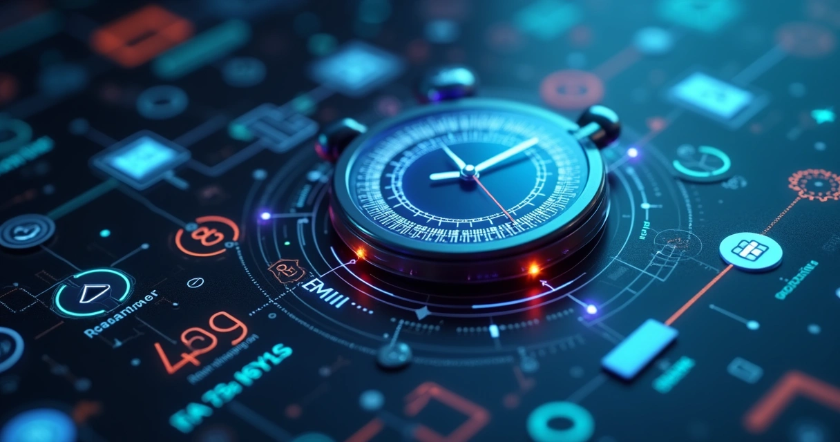 Relógio digital flutuando acima de tarefas automatizadas por IA