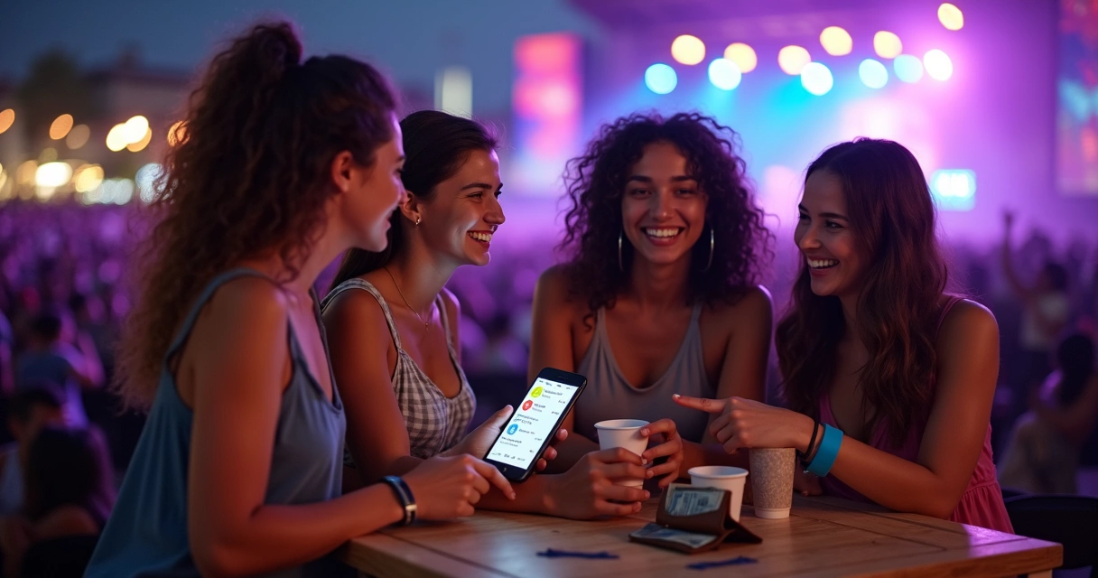 Grupo jovem se divertindo em show avaliando gastos no celular 