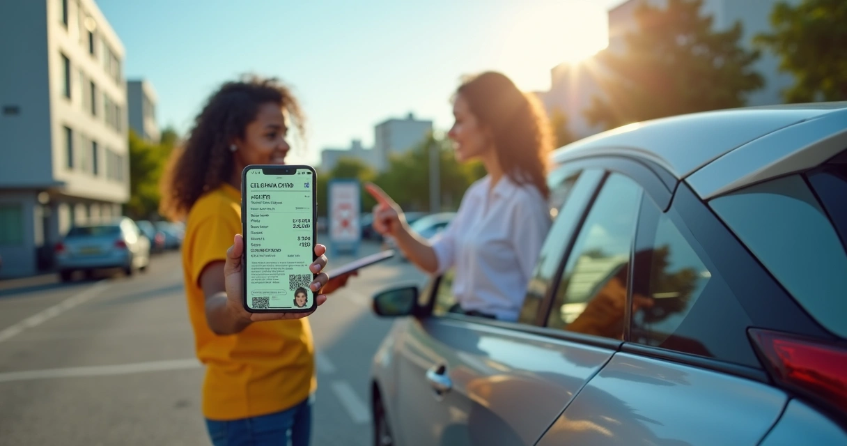 Jovem segurando a CNH ao lado do carro enquanto conversa com corretor de seguro 