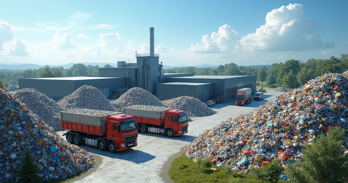 Ecoparque com fila de caminhões descarregando plásticos e fábrica ao fundo