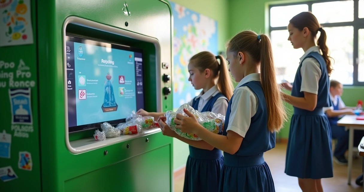 Ecoponto inteligente instalado em escola com crianças depositando embalagens 