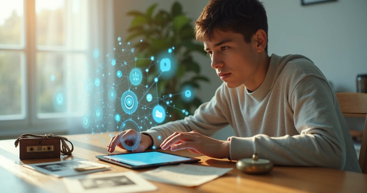 Jovem em sala clara cercado por símbolos digitais conectados a fotos antigas em mesa de madeira 
