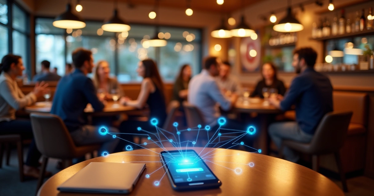 Rede de clientes em bar sinalizando indicações conectadas por linhas de luz 