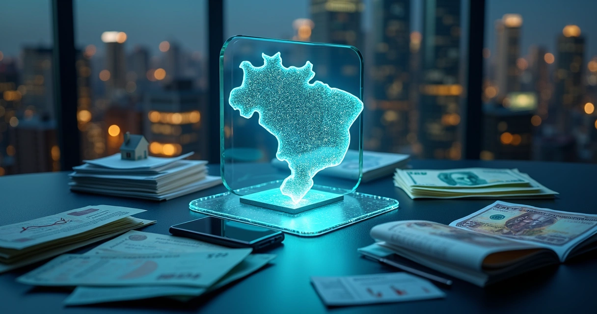 Colagem conceitual representando os diferentes segmentos do mercado financeiro brasileiro interligados 