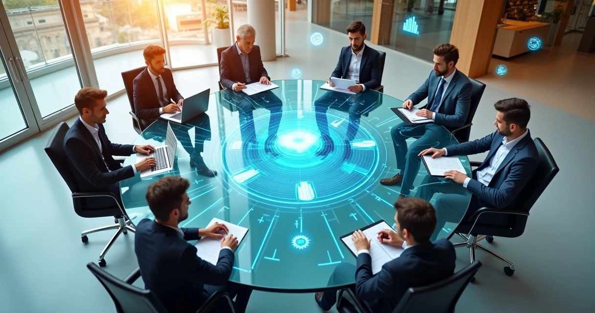 Roda colaborativa de stakeholders conectados em reunião estratégica 