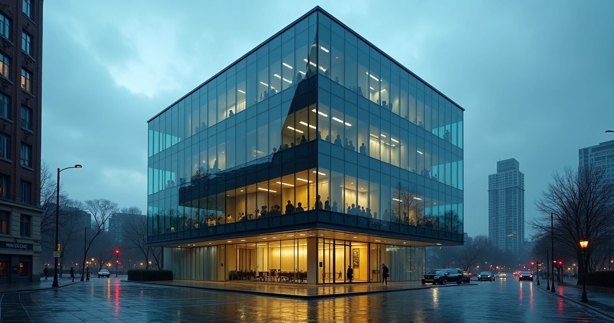 Cubo de vidro com cenas de conflito empresarial envolve prédio corporativo moderno 