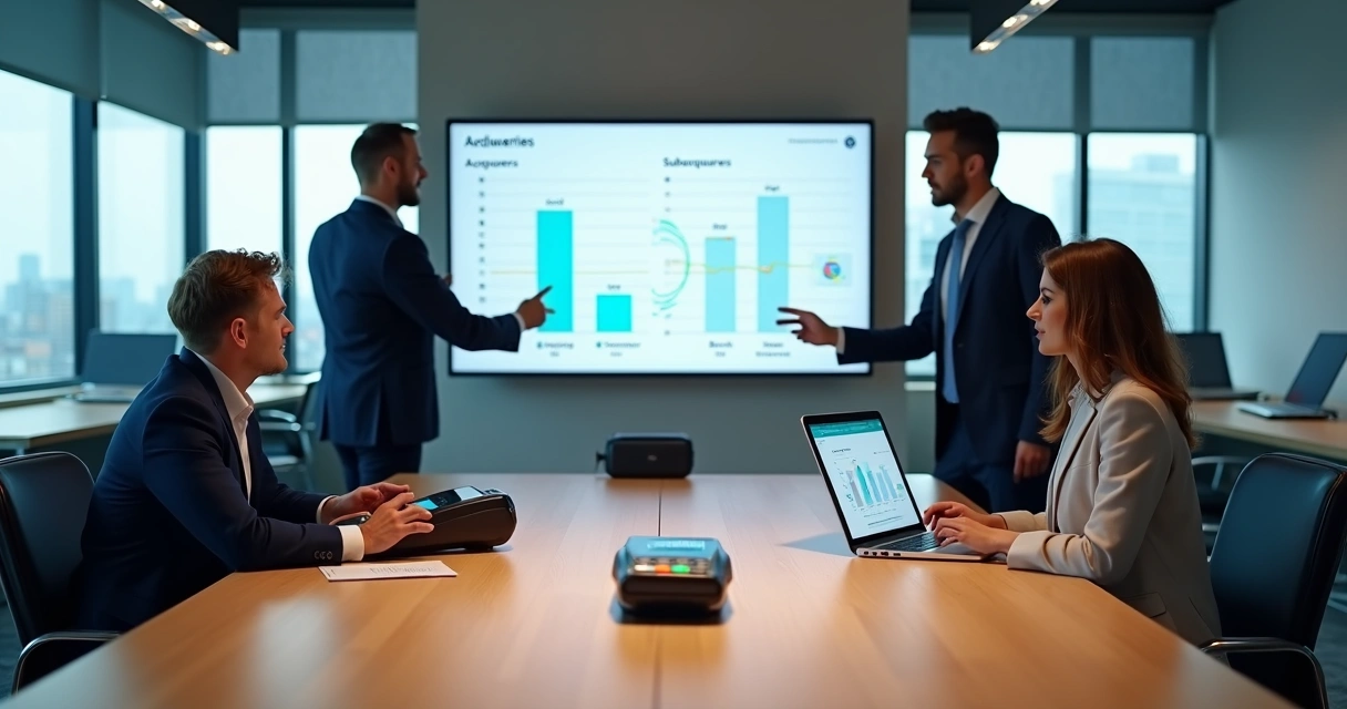 Executivos analisando fluxo de pagamentos digitais em painel com maquininhas e gráficos 