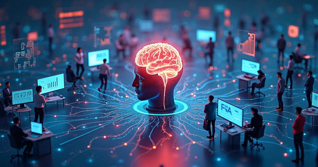 Diagrama colorido de integração de IA, RPA e BPM em ambientes corporativos. 